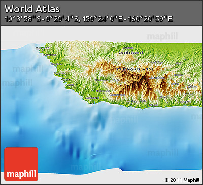 Physical 3D Map of the Area around 9° 46' 31" S, 159° 52' 30" E
