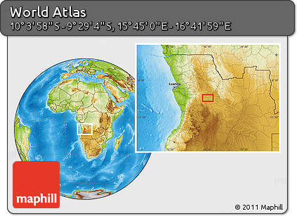 Physical Location Map of the Area around 9° 46' 31" S, 16° 13' 30" E