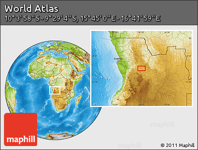 Physical Location Map of the Area around 9° 46' 31" S, 16° 13' 30" E
