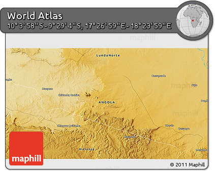 Physical 3D Map of the Area around 9° 46' 31" S, 17° 55' 29" E