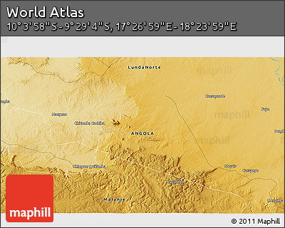 Physical 3D Map of the Area around 9° 46' 31" S, 17° 55' 29" E