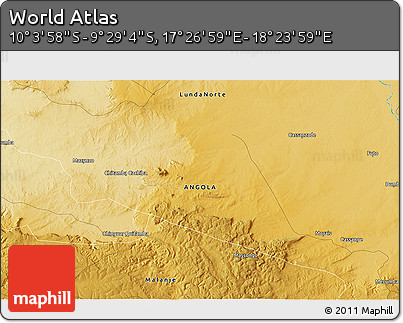 Physical 3D Map of the Area around 9° 46' 31" S, 17° 55' 29" E