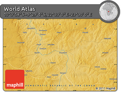 Physical Map of the Area around 9° 46' 31" S, 23° 1' 29" E