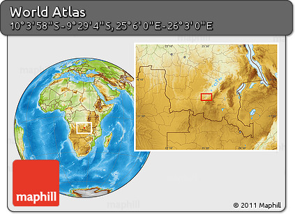 Physical Location Map of the Area around 9° 46' 31" S, 25° 34' 30" E