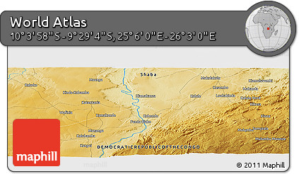 Physical Panoramic Map of the Area around 9° 46' 31" S, 25° 34' 30" E