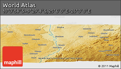 Physical Panoramic Map of the Area around 9° 46' 31" S, 25° 34' 30" E