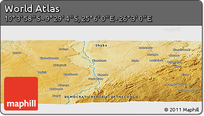 Physical Panoramic Map of the Area around 9° 46' 31" S, 25° 34' 30" E