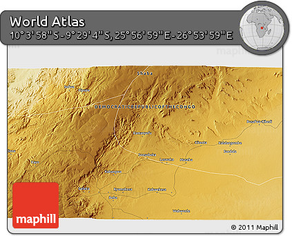 Physical 3D Map of the Area around 9° 46' 31" S, 26° 25' 29" E