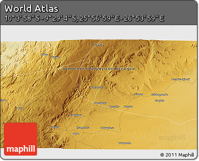 Physical 3D Map of the Area around 9° 46' 31" S, 26° 25' 29" E