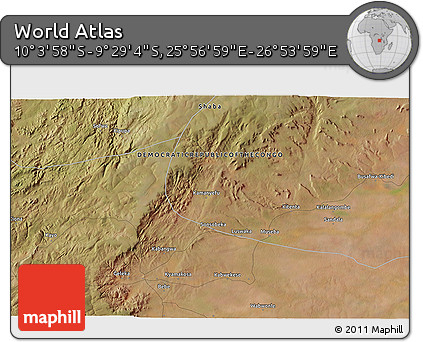 Satellite 3D Map of the Area around 9° 46' 31" S, 26° 25' 29" E