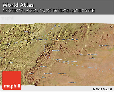 Satellite 3D Map of the Area around 9° 46' 31" S, 26° 25' 29" E