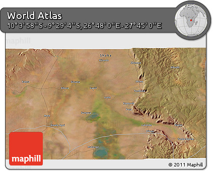 Satellite 3D Map of the Area around 9° 46' 31" S, 27° 16' 29" E