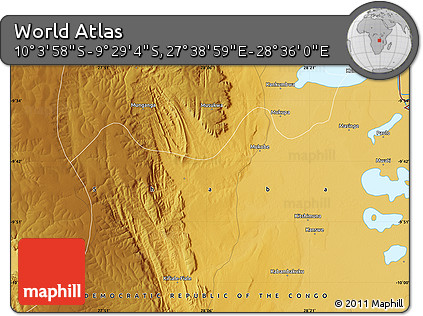 Physical Map of the Area around 9° 46' 31" S, 28° 7' 30" E