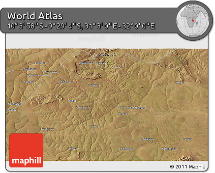 Satellite 3D Map of the Area around 9° 46' 31" S, 31° 31' 29" E