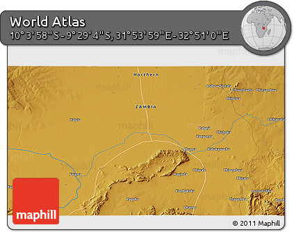 Physical 3D Map of the Area around 9° 46' 31" S, 32° 22' 30" E