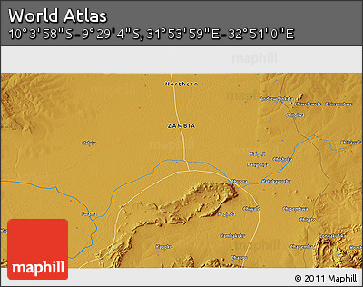 Physical 3D Map of the Area around 9° 46' 31" S, 32° 22' 30" E