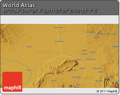 Physical 3D Map of the Area around 9° 46' 31" S, 32° 22' 30" E
