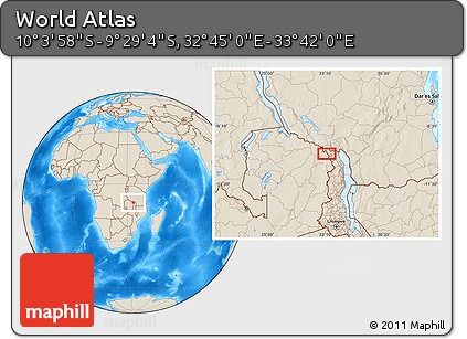 Shaded Relief Location Map of the Area around 9° 46' 31" S, 33° 13' 30" E