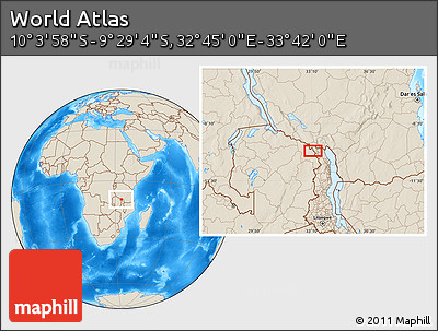 Shaded Relief Location Map of the Area around 9° 46' 31" S, 33° 13' 30" E