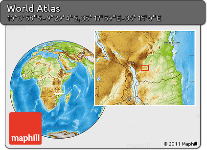 Physical Location Map of the Area around 9° 46' 31" S, 35° 46' 29" E
