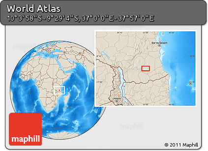 Shaded Relief Location Map of the Area around 9° 46' 31" S, 37° 28' 30" E