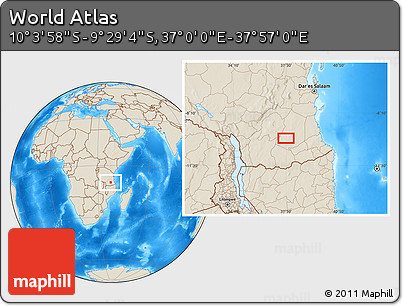 Shaded Relief Location Map of the Area around 9° 46' 31" S, 37° 28' 30" E