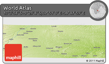 Physical Panoramic Map of the Area around 9° 46' 31" S, 38° 19' 30" E