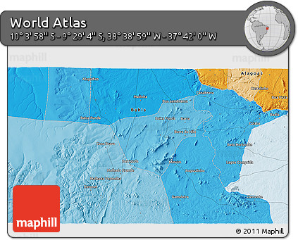 Political 3D Map of the Area around 9° 46' 31" S, 38° 10' 29" W