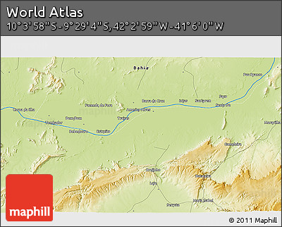 Physical 3D Map of the Area around 9° 46' 31" S, 41° 34' 30" W