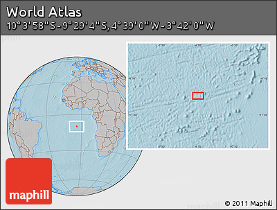 Gray Location Map of the Area around 9° 46' 31" S, 4° 10' 30" W, hill shading