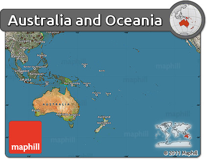 Satellite Map of Australia and Oceania, semi-desaturated, land only
