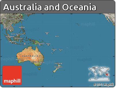 Satellite Map of Australia and Oceania, semi-desaturated, land only