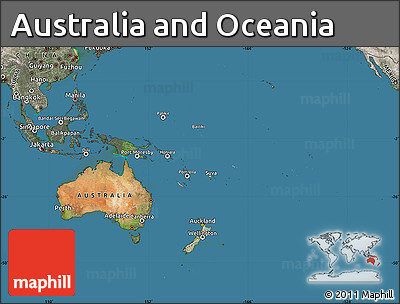 Satellite Map of Australia and Oceania, semi-desaturated, land only
