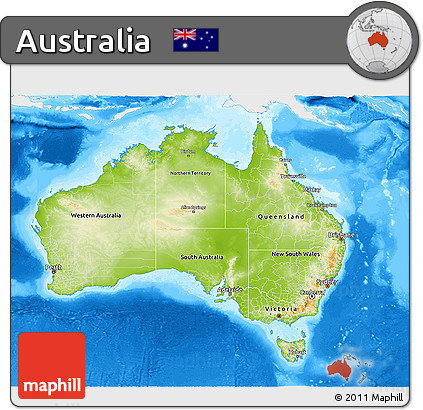 Physical 3D Map of Australia, single color outside, bathymetry sea