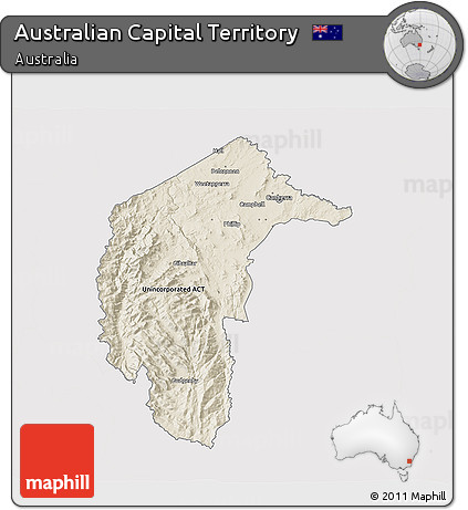 Shaded Relief 3D Map of Australian Capital Territory, single color outside