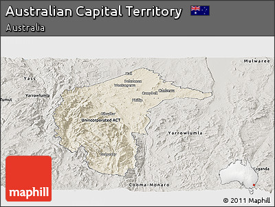 Shaded Relief Panoramic Map of Australian Capital Territory, semi-desaturated