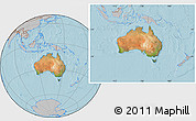 Satellite Location Map of Australia, gray outside, hill shading