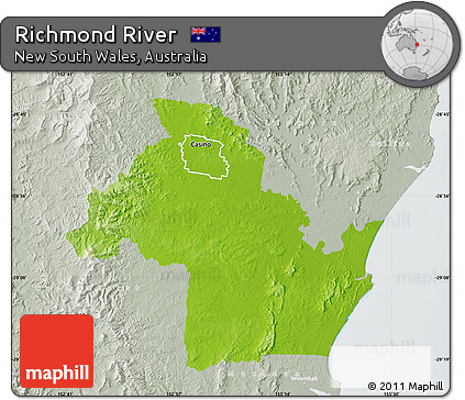 Physical Map of Richmond River, lighten, semi-desaturated
