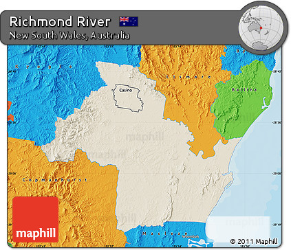 Shaded Relief Map of Richmond River, political outside