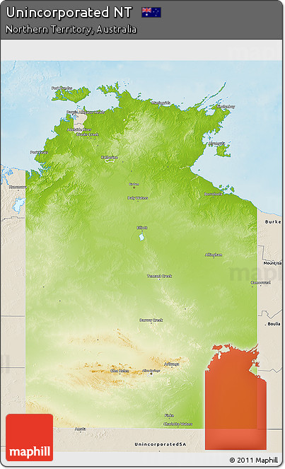 Physical 3D Map of Unincorporated NT, shaded relief outside