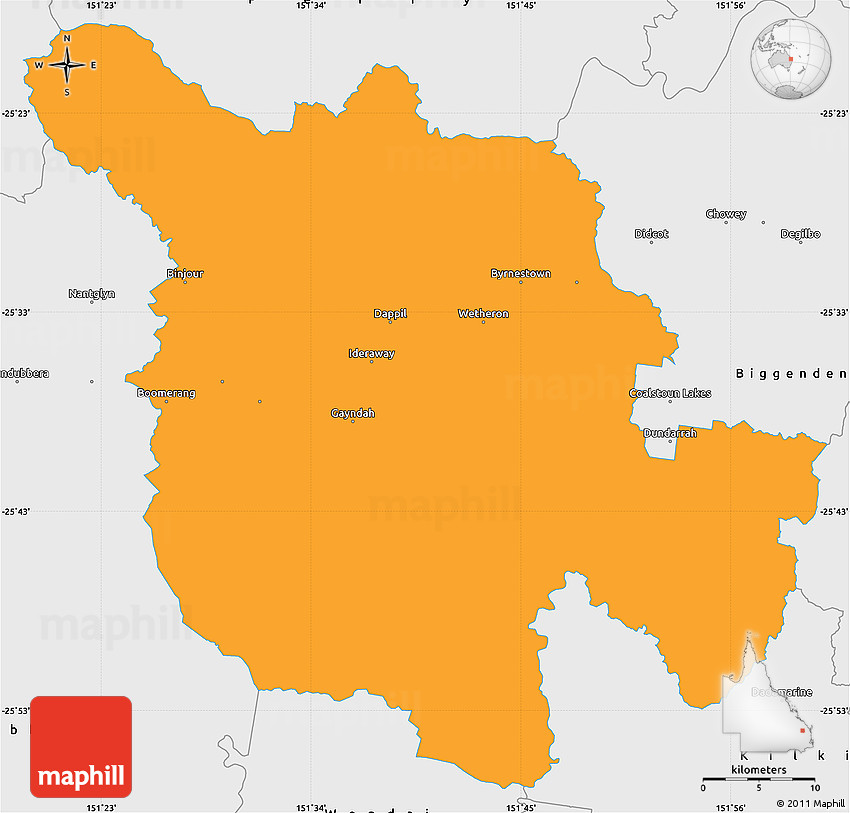 Political Simple Map of Gayndah, single color outside, borders and labels