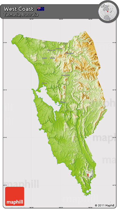 Physical Map of West Coast, cropped outside