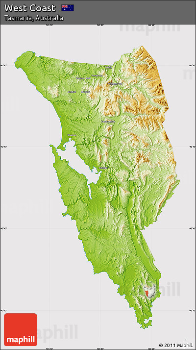 Physical Map of West Coast, cropped outside