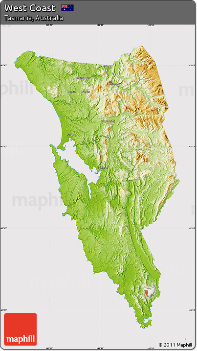 Physical Map of West Coast, cropped outside