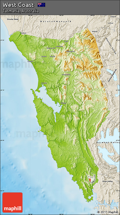 Physical Map of West Coast, shaded relief outside