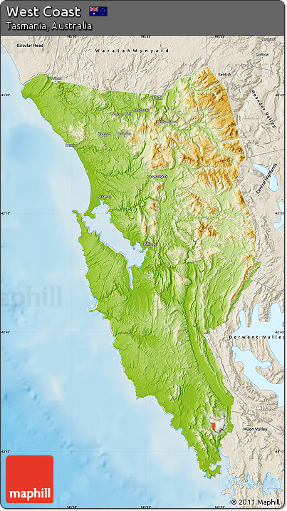 Physical Map of West Coast, shaded relief outside