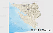 Shaded Relief Panoramic Map of West Coast, single color outside