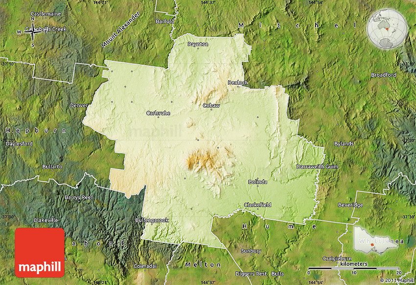 Physical Map of Macedon Ranges, satellite outside