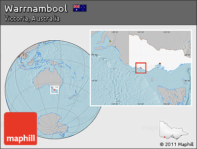 Gray Location Map of Warrnambool, highlighted parent region, hill shading