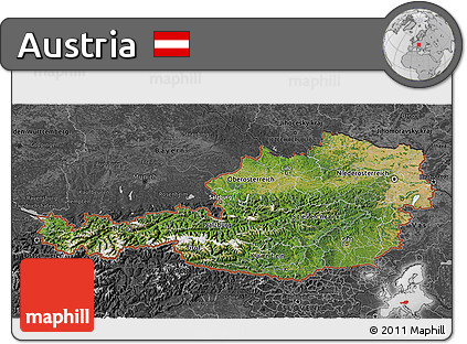 Satellite 3D Map of Austria, darken, desaturated